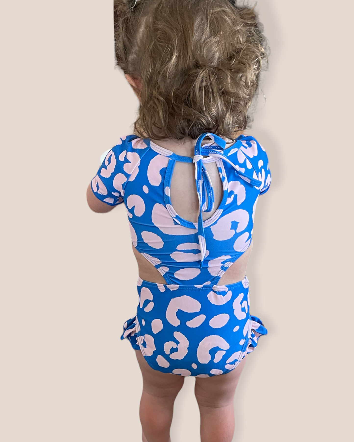blue cut-out one piece swimsuit